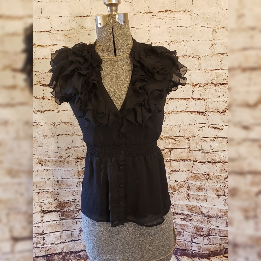 H&M Black Chiffon Top with Soft Ruffles